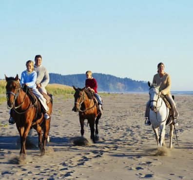 A group of people riding horses on the beach.